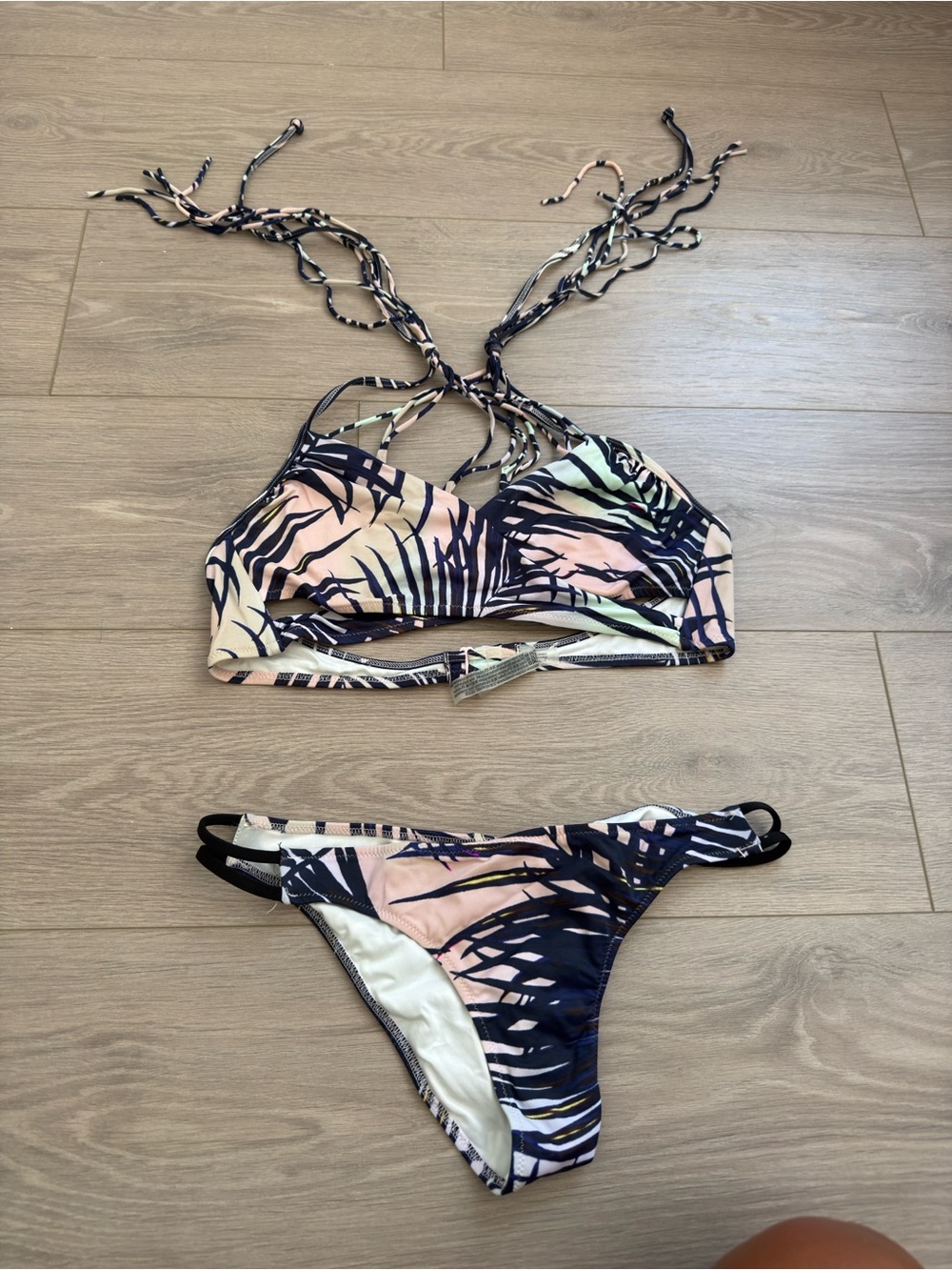 PINK Victoria's Secret Pastel Pink & Navy Palm-Print Bikini